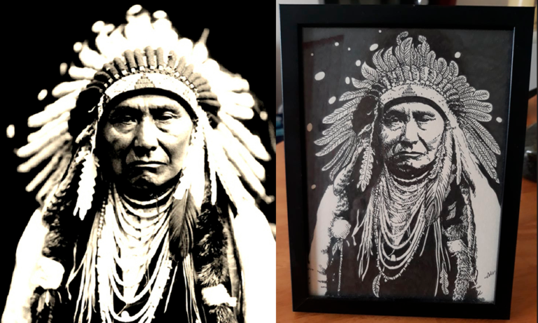 Aperçu avec comparatif photographie et dessin de chef indien réalisé à la main en noir et blanc avec staedler pigment liner